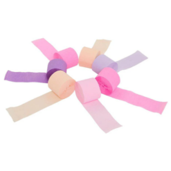Rolls of pink, purple and peach paper party streamers are laid in a circle.