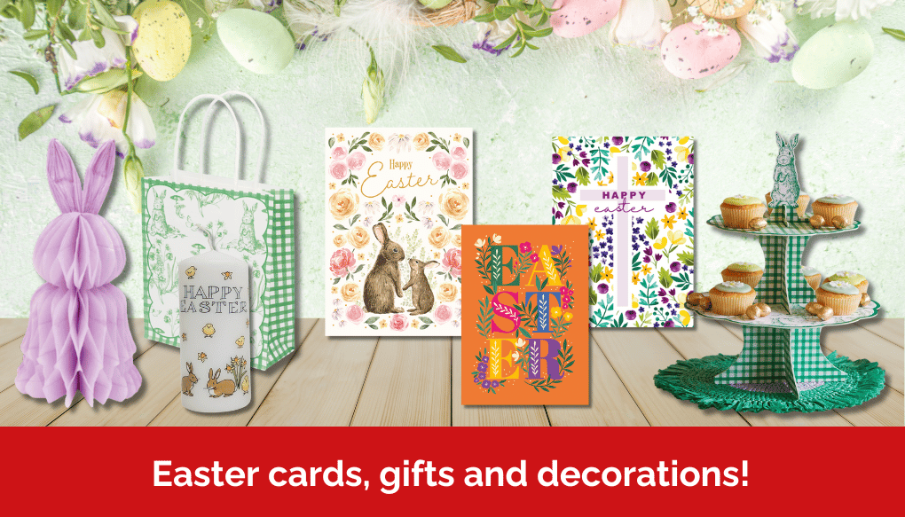 A lilac honeycomb bunny, Easter chicks candle, green paper rabbit bag, three Easter cards and a green gingham cake stand with a rabbit on the top.