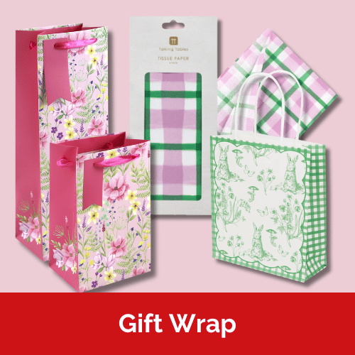 Pink Floral gift bags, pink and green gingham tissue and a green rabbit paper bag.