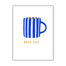 White card with an illustration of a blue and white stripey mug. Below the mug is the text 'Best Dad' in gold letters.