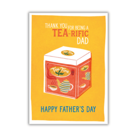 Orange card with an illustration of a box of tea bags. The text reads 'Thank you for being a tea-riffic Dad. Happy Father's Day'.