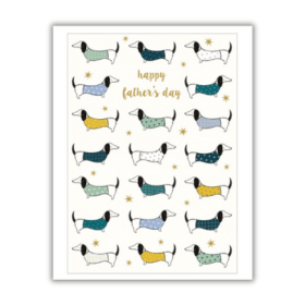White card with pattern of sausage dogs wearing colourful jumpers. Text reads 'happy father's day'.