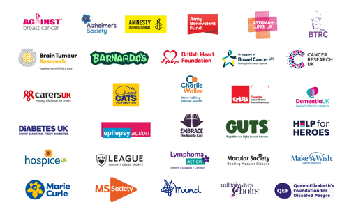 Graphic featuring logos for all of the charities Cards for Good Causes supports.