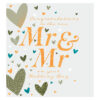 Wedding card with large gold text which reads 'Mr and Mr on your Wedding Day'. The card is decorated with hearts in silver, blue and gold.