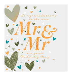 Wedding card with large gold text which reads 'Mr and Mr on your Wedding Day'. The card is decorated with hearts in silver, blue and gold.