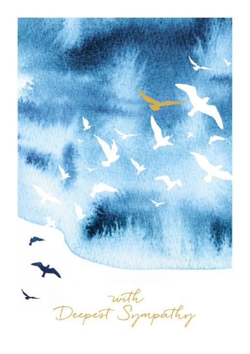 With sympathy card which has an illustration of white birds soaring in a blue watercolour sky. There is one gold bird. Text at the bottom reads 'with Deepest Sympathy' in gold text.
