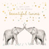 A greeting card for baby twins. An illustration of two elephants standing trunk to trunk with an abundance of blue, pink and gold stars above. The text reads 'Welcome to the World beautiful twins'.
