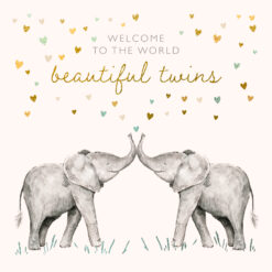 A greeting card for baby twins. An illustration of two elephants standing trunk to trunk with an abundance of blue, pink and gold stars above. The text reads 'Welcome to the World beautiful twins'.