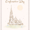 A confirmation day greeting card. This card has an illustration of a church with stars and a full moon in the sky. Text reads 'On your Confirmation Day'.