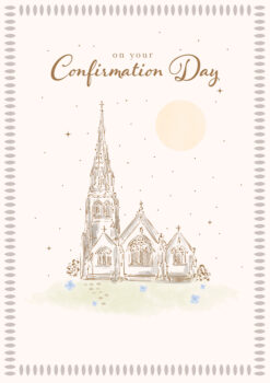 A confirmation day greeting card. This card has an illustration of a church with stars and a full moon in the sky. Text reads 'On your Confirmation Day'.