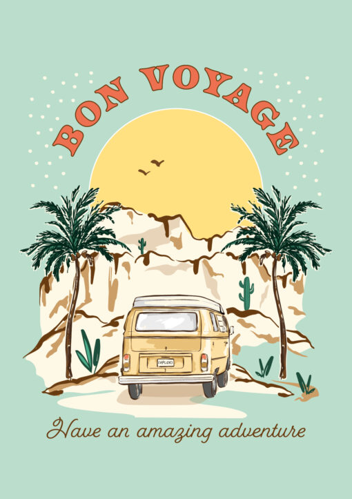 A pale blue card with an illustration of a campervan heading off into the sunset between palm trees and mountains. Text at the top reads 'Bon Voyage' and below the image it reads 'Have an amazing adventure'.