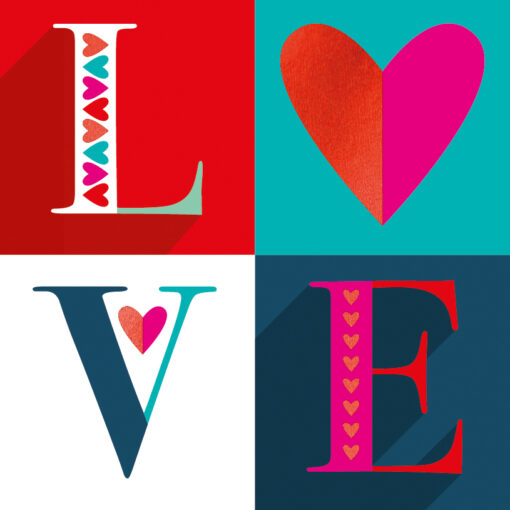 A square greeting card with the letters L O V E. The O has been replaced with a heart.