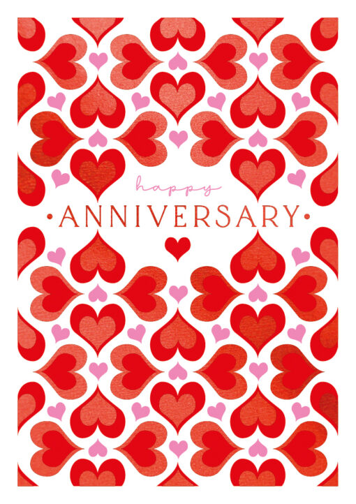 A white anniversary card with a tiled hearts pattern. Text in the centre reads 'happy anniversary'.