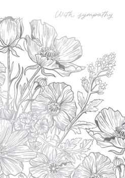 A white card with a delicate silver sketch of flowers including poppies. Text at the top reads 'With Sympathy'.