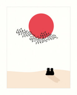 A card featuring an illustration of two black bears sitting on the ground. They look up at a flock of black birds flying across a large red sun.