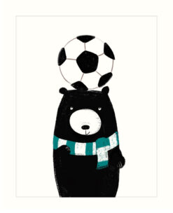 Greeting card featuring a black bear wearing a blue and white striped scarf and balancing a football on its head.