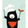 Greetings card with an illustration of a black bear cooking sausages on a barbecue.