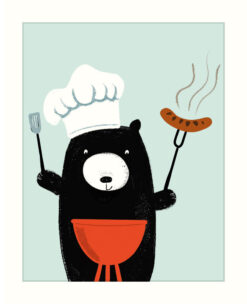 Greetings card with an illustration of a black bear cooking sausages on a barbecue.