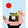 Greetings card with an illustration of a black bear wearing a snorkel and a pink unicorn rubber ring. There is a red circular sun in the sky.