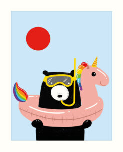 Greetings card with an illustration of a black bear wearing a snorkel and a pink unicorn rubber ring. There is a red circular sun in the sky.