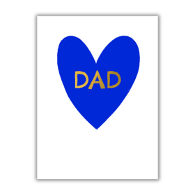 White card with a large blue heart on the front. In the middle of the heart is the text 'Dad.