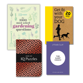 A selection of books including '1000 most asked gardening questions', 'Get Fit with your Dog', 'IQ puzzles' and 'The Sleep Coach'.