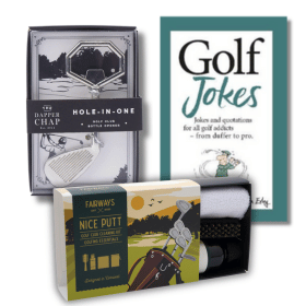 Golf gifts including a club shaped bottle opener, Golf Jokes book and a golf club cleaning kit.