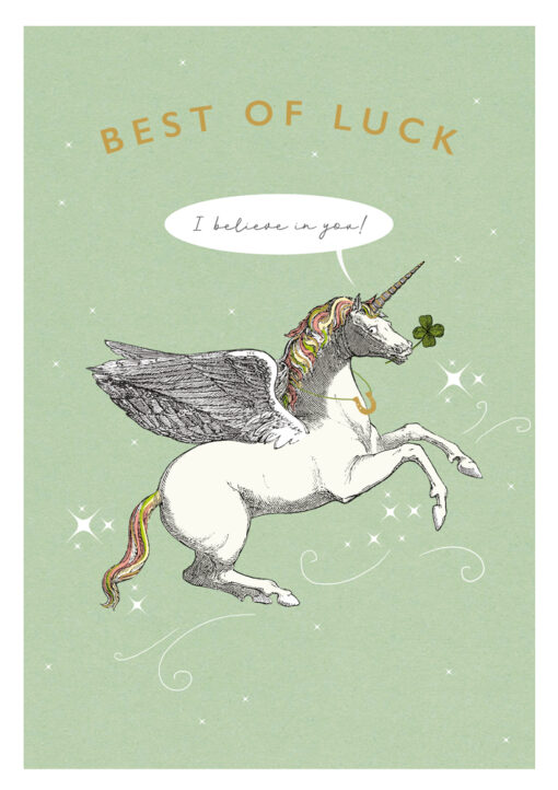 A good luck card with an illustration of a unicorn carrying a four leaf clover in it's mouth. Tet at the top reads 'Best of luck' with a speech bubble next to the unicorn saying 'I believe in you'.