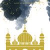 Eid Greetings card featuring an illustration of a gold mosque beneath a watercolour sky. Text reads 'Have a Blessed Eid'.