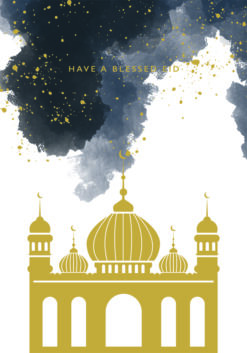 Eid Greetings card featuring an illustration of a gold mosque beneath a watercolour sky. Text reads 'Have a Blessed Eid'.