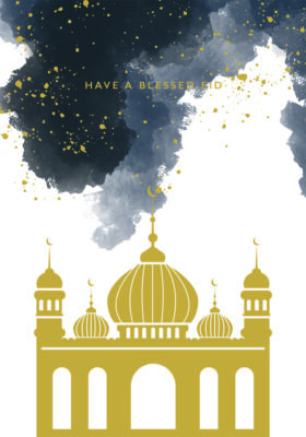 Eid Greetings card featuring an illustration of a gold mosque beneath a watercolour sky. Text reads 'Have a Blessed Eid'.