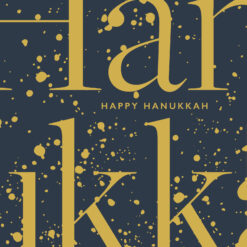 Dark blue background with gold dots. Large letters spell out 'Hannukah' and smaller letters read 'Happy Hanukkah'.