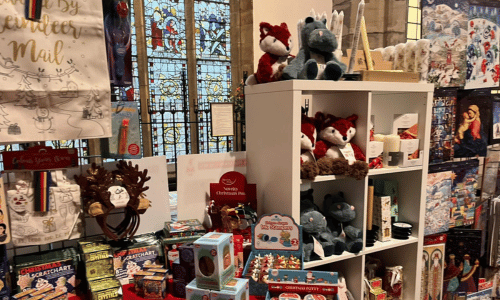 Christmas cards, advent calendars and gifts on display in a Cards for Good Causes pop up shop.
