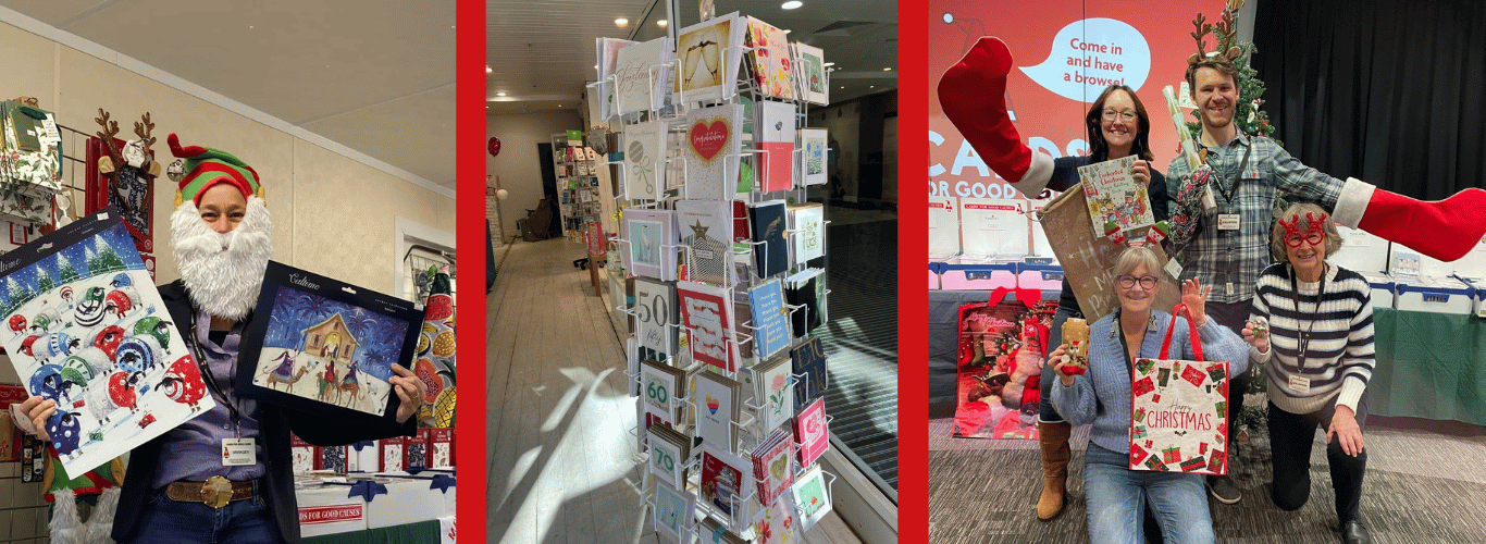 Three photos showing Cards for Good Causes staff and volunteers in pop up Christmas shops. The middle photo shows an everyday card spinner.