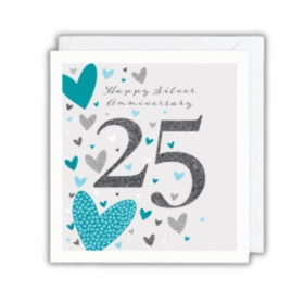 25th Wedding anniversary card featuring blue and silver hearts and the text 'Happy Silver Anniversary'. There is a large 25 in the centre.