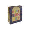 Gift bag with colourful stripes against a blue background. A very large gift tag is attached to the front of the text with large colourful letters reading 'Happy Birthday!'.
