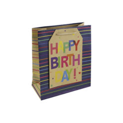 Gift bag with colourful stripes against a blue background. A very large gift tag is attached to the front of the text with large colourful letters reading 'Happy Birthday!'.