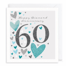 60th Wedding anniversary card featuring blue and silver hearts and the text 'Happy Diamond Wedding Anniversary'. There is a large 60 in the centre.