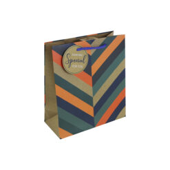 Gift bag with an orange, blue and brown chevron design. The bag has blue handles and a round gift tag with the text 'Something Special For You'.