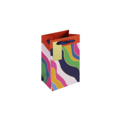 Small sized gift bag with a bright colourful wave design. The bag has blue handles and a rectangular gift tag attached.
