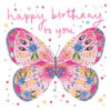 Birthday card with a neon and gold foil butterfly and the text 'happy birthday to you'.