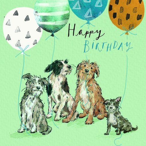 Birthday card with pale green background and an illustration of four dogs each holding a balloon. Text on the card reads 'Happy Birthday'.