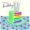 Birthday card with an illustration of a rainbow cake decorated with green icing and topped with eight candles. The cake sits on a plate on a blue table decorated with stars. Text reads 'Happy Birthday'.