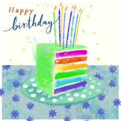 Birthday card with an illustration of a rainbow cake decorated with green icing and topped with eight candles. The cake sits on a plate on a blue table decorated with stars. Text reads 'Happy Birthday'.
