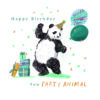 Birthday card with an illustration of a panda wearing a party hat and dancing while holding balloons. Text reads 'happy birthday you party animal'.