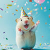 A celebration card with an image of a hamster wearing a party hat while colourful confetti falls around him.