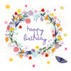 A birthday card with white background and an illustration of a floral wreath dotted with colourful flowers. There are also hearts and stars and a butterfly. Text reads 'Happy birthday'.