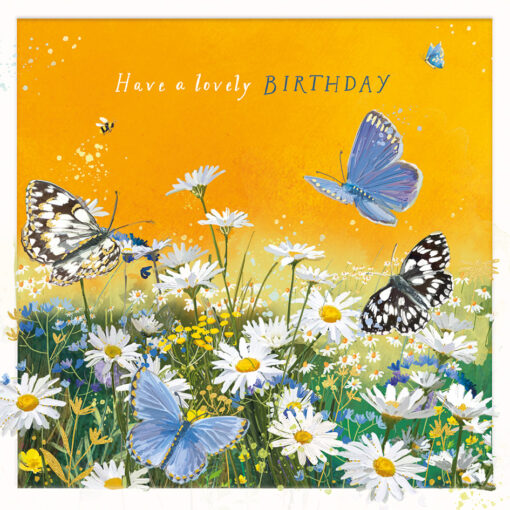 Birthday card with yellow background and illustration of a field of wildflowers, butterflies and bees.