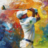 Greetings card with illustration of a golfer holding the club high after hitting a shot. The background is a rainbow paint effect.