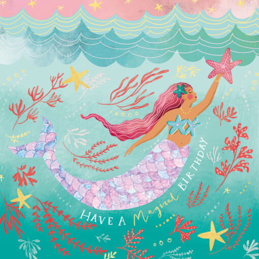 Birthday card featuring an illustration of a mermaid swimming under the sea amongst colourful seaweed and starfish.
